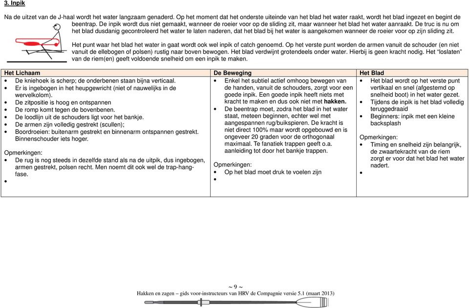 De truc is nu om het blad dusdanig gecontroleerd het water te laten naderen, dat het blad bij het water is aangekomen wanneer de roeier voor op zijn sliding zit.