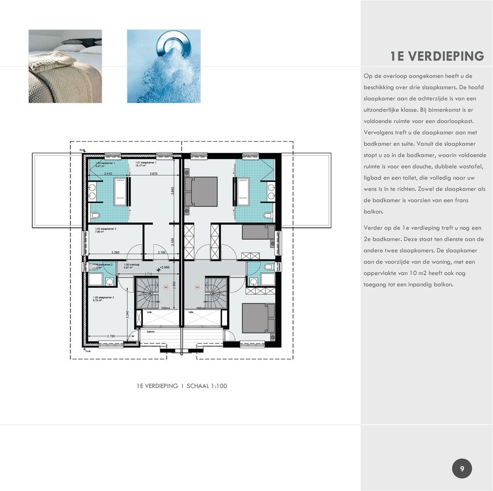 Vanuit de slaapkamer stapt u zo in de badkamer, waarin voldoende ruimte is voor een douche, dubbele wastafel, ligbad en een toilet, die volledig naar uw wens is in te richten.