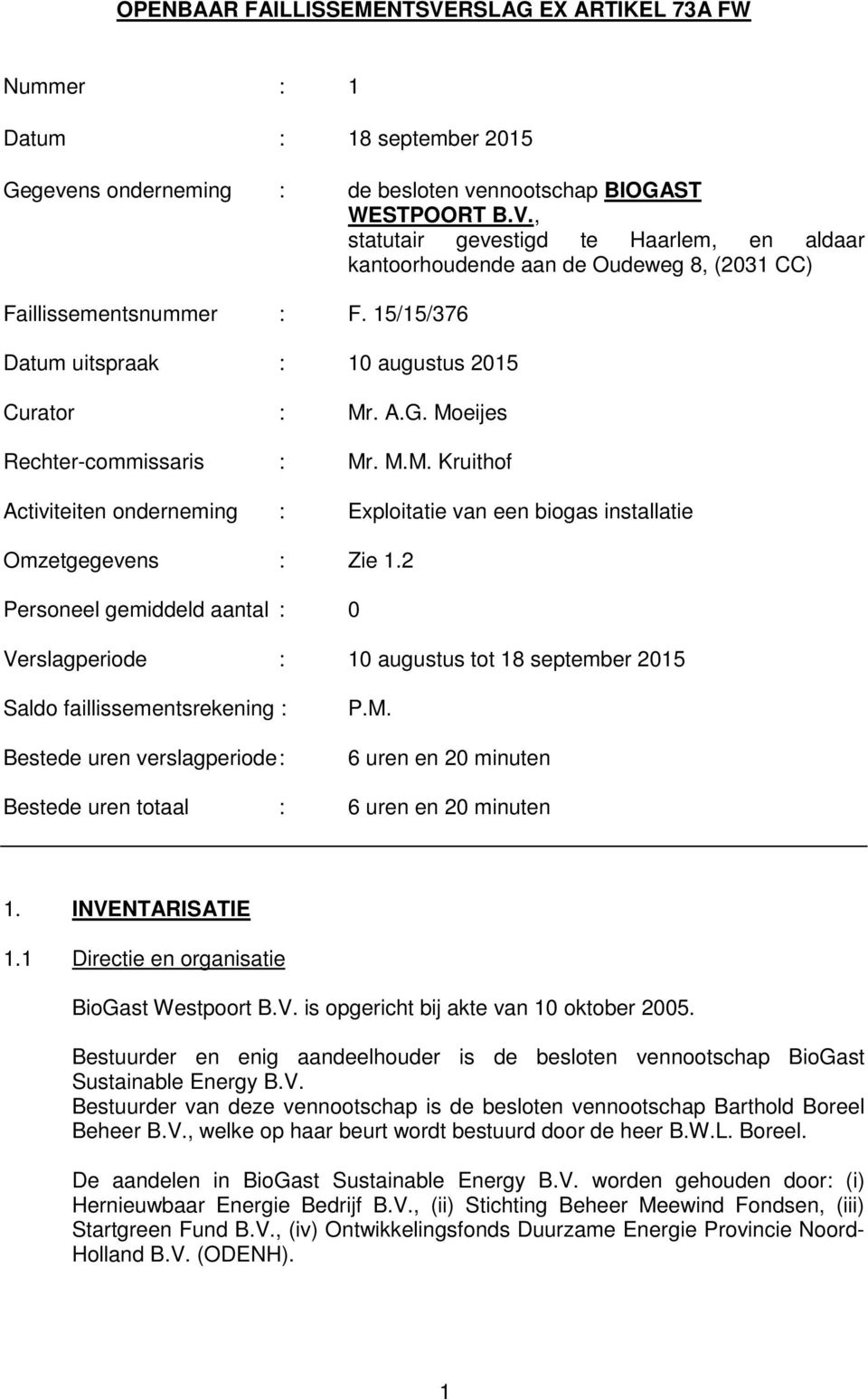 2 Personeel gemiddeld aantal : 0 Verslagperiode : 10 augustus tot 18 september 2015 Saldo faillissementsrekening : Bestede uren verslagperiode : P.M.