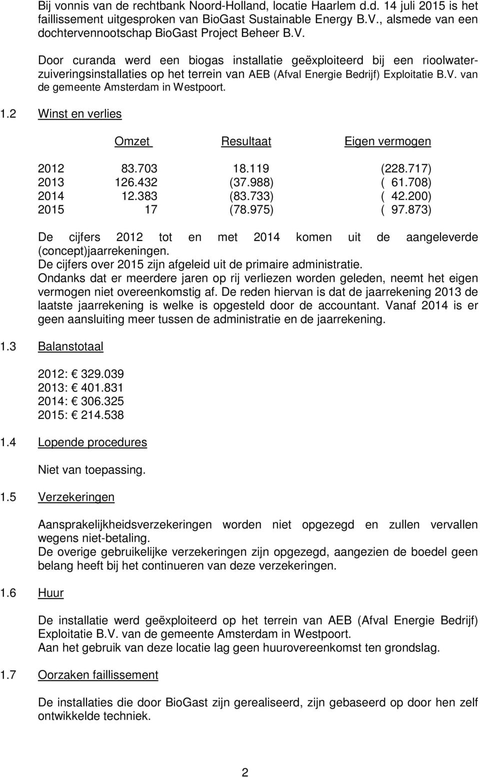Door curanda werd een biogas installatie geëxploiteerd bij een rioolwaterzuiveringsinstallaties op het terrein van AEB (Afval Energie Bedrijf) Exploitatie B.V. van de gemeente Amsterdam in Westpoort.