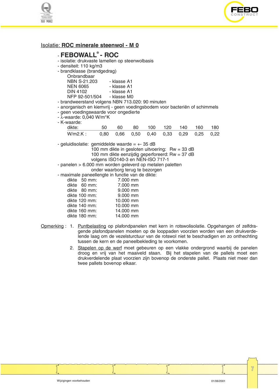 020: 90 minuten - λ-waarde: 0,040 W/m K - K-waarde: dikte: 50 60 80 100 120 140 160 180 W/m2.