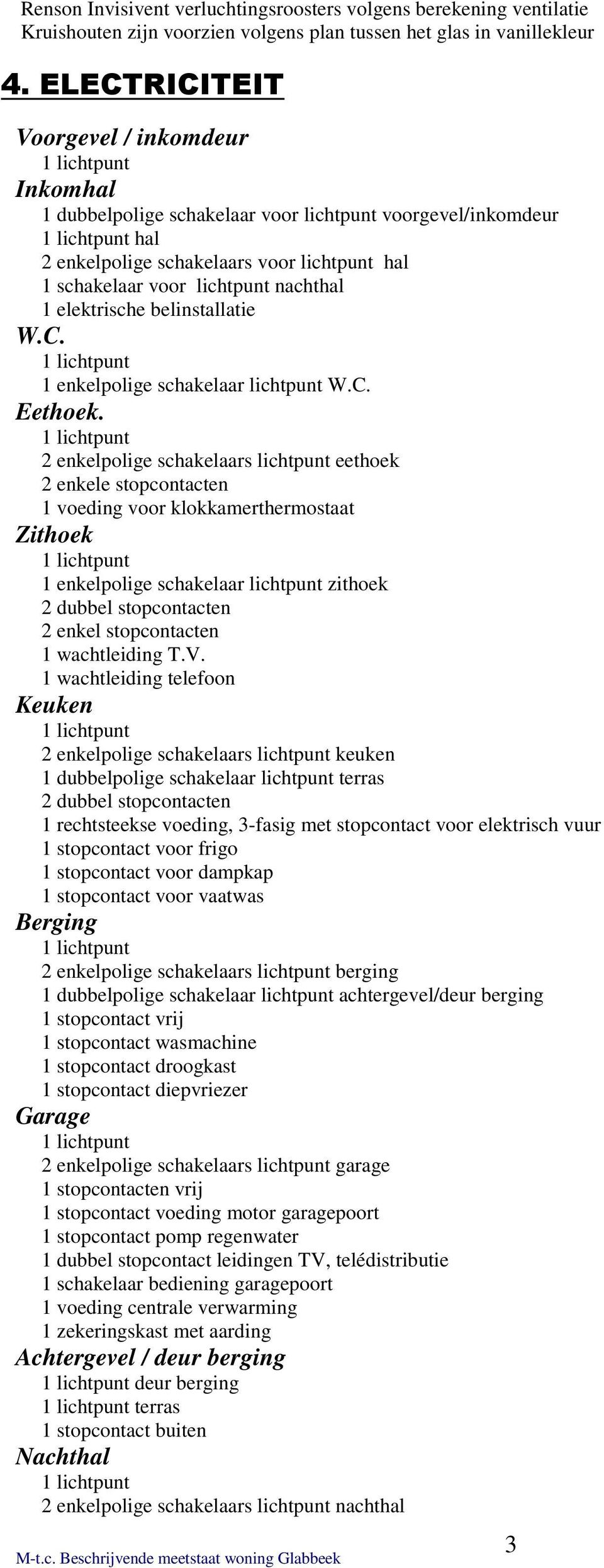 elektrische belinstallatie W.C. 1 enkelpolige schakelaar lichtpunt W.C. Eethoek.