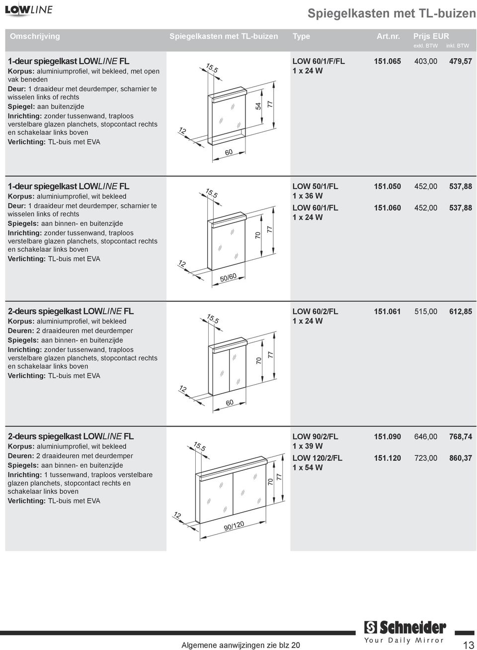 065 403,00 479,57 1-deur spiegelkast LOWLINE FL Korpus: aluminiumprofiel, wit bekleed Deur: 1 draaideur met deurdemper, scharnier te wisselen links of rechts verstelbare glazen planchets, stopcontact