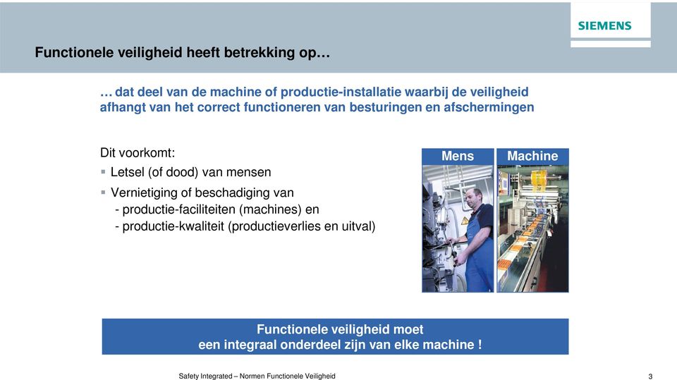 beschadiging van - productie-faciliteiten (machines) en - productie-kwaliteit (productieverlies en uitval) Mens Machine