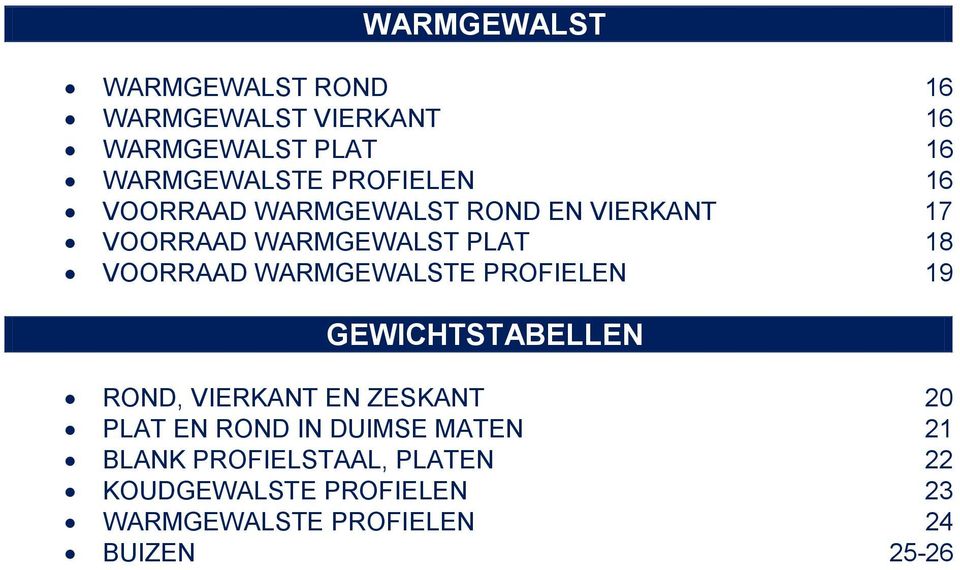 WARMGEWALSTE PROFIELEN 19 GEWICHTSTABELLEN ROND, VIERKANT EN ZESKANT 20 PLAT EN ROND IN