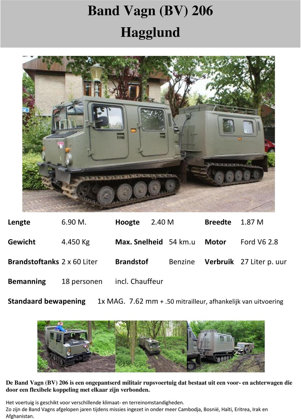 50 mitrailleur, afhankelijk van uitvoering De Band Vagn (BV) 206 is een ongepantserd militair rupsvoertuig dat bestaat uit een voor- en achterwagen die door een flexibele