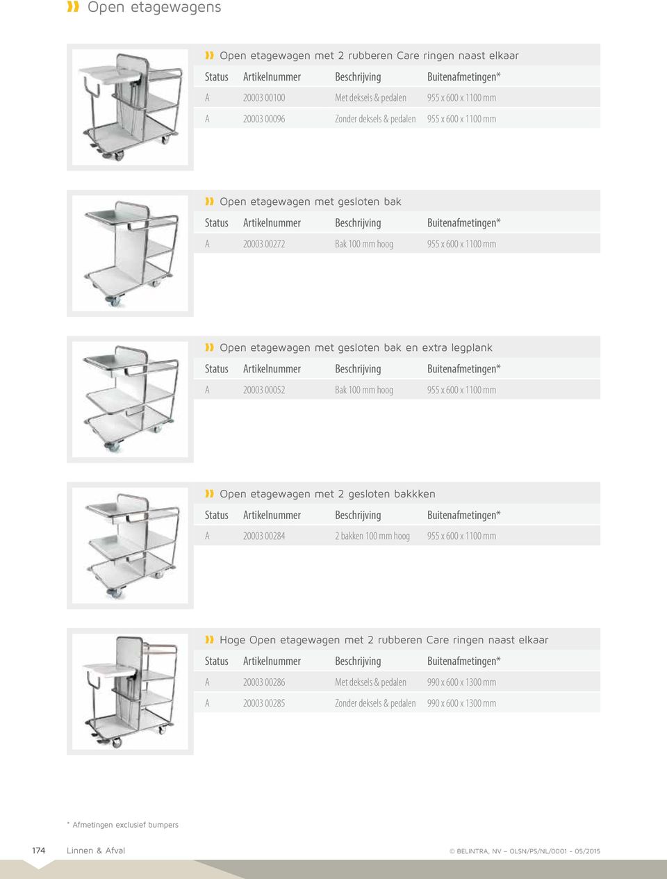 600 x 1100 mm Open etagewagen met 2 gesloten bakkken * A 20003 00284 2 bakken 100 mm hoog 955 x 600 x 1100 mm Hoge Open etagewagen met 2 rubberen Care ringen naast elkaar * A 20003