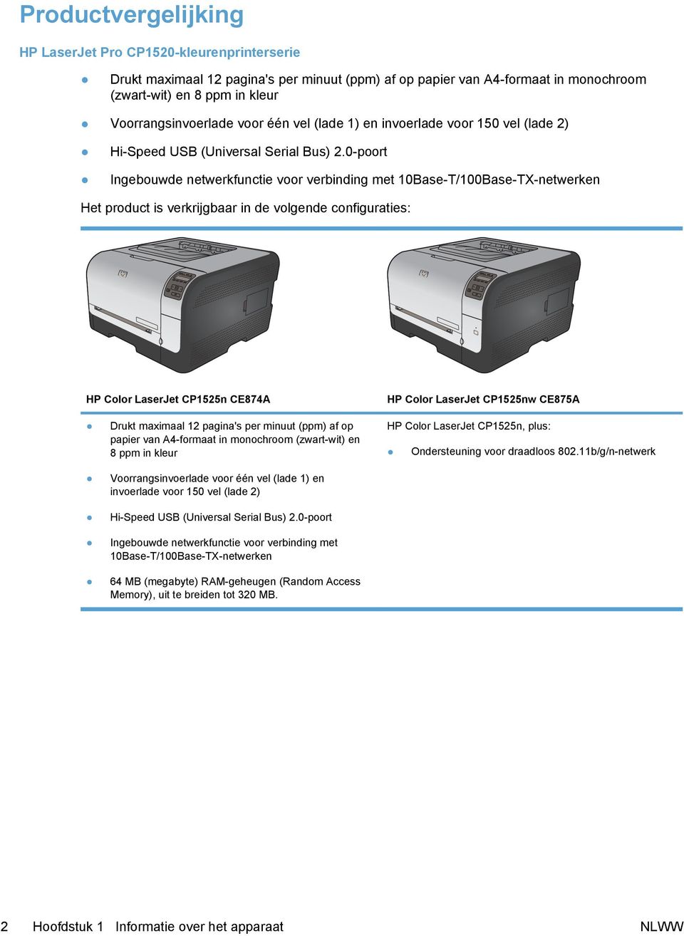 0-poort Ingebouwde netwerkfunctie voor verbinding met 10Base-T/100Base-TX-netwerken Het product is verkrijgbaar in de volgende configuraties: HP Color LaserJet CP1525n CE874A HP Color LaserJet