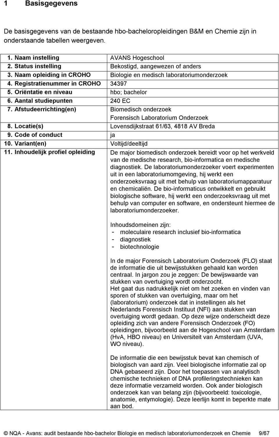 Aantal studiepunten 240 EC 7. Afstudeerrichting(en) Biomedisch onderzoek Forensisch Laboratorium Onderzoek 8. Locatie(s) Lovensdijkstraat 61/63, 4818 AV Breda 9. Code of conduct ja 10.