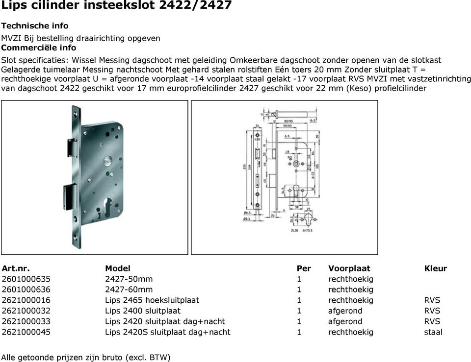 vastzetinrichting van dagschoot 2422 geschikt voor 17 mm europrofielcilinder 2427 geschikt voor 22 mm (Keso) profielcilinder Kleur 2601000635 2427-50mm 1 rechthoekig 2601000636 2427-60mm 1