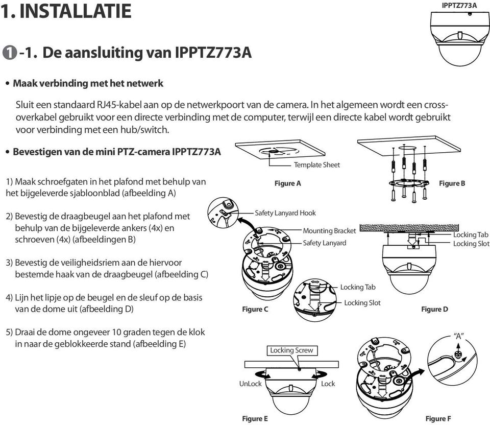 Bevestigen van de mini PTZ-camera IPPTZ773A 1) Maak schroefgaten in het plafond met behulp van het bijgeleverde sjabloonblad (afbeelding A) 2) Bevestig de draagbeugel aan het plafond met behulp van