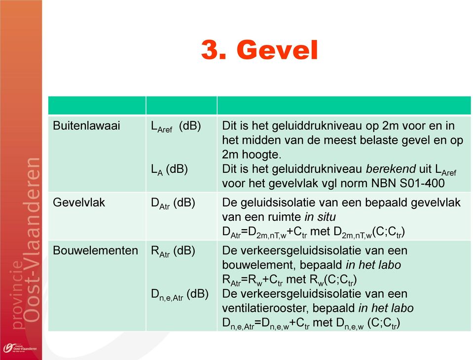 een ruimte in situ D Atr =D 2m,nT,w +C tr met D 2m,nT,w (C;C tr ) Bouwelementen R Atr (db) D n,e,atr (db) De verkeersgeluidsisolatie van een bouwelement,