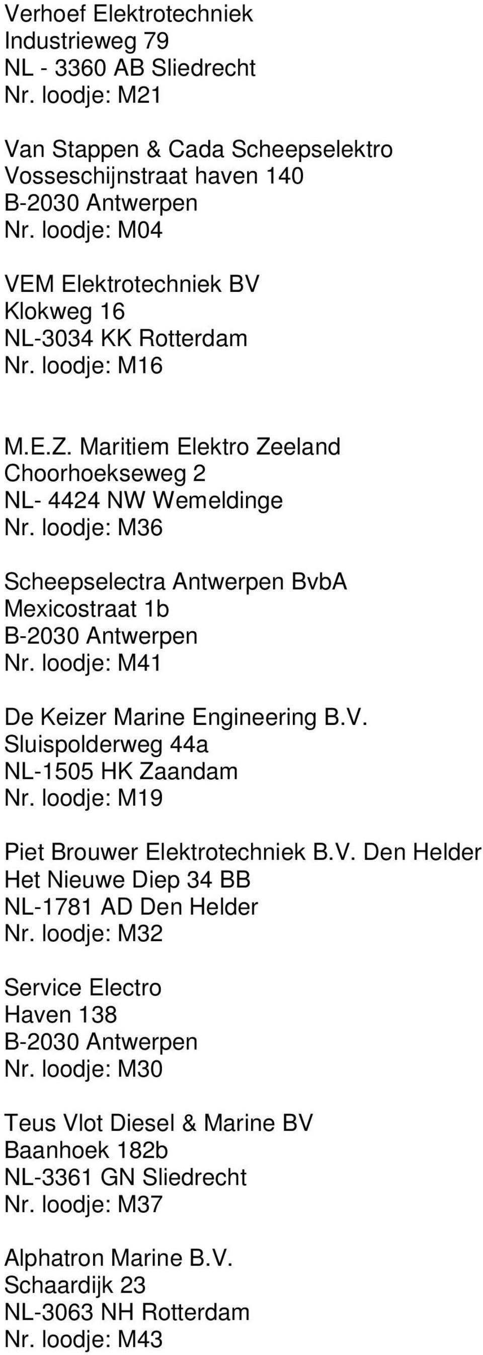 loodje: M36 Scheepselectra Antwerpen BvbA Mexicostraat 1b B-2030 Antwerpen Nr. loodje: M41 De Keizer Marine Engineering B.V. Sluispolderweg 44a NL-1505 HK Zaandam Nr.