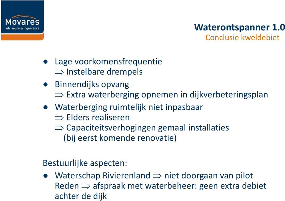 waterberging opnemen in dijkverbeteringsplan Waterberging ruimtelijk niet inpasbaar Elders realiseren