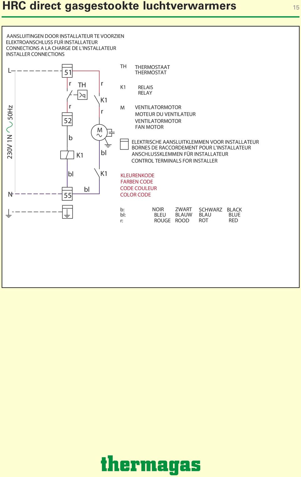 r 52 b TH K1 q r K1 r M bl K1 M RELAIS RELAY VENTILATORMOTOR MOTEUR DU VENTILATEUR VENTILATORMOTOR FAN MOTOR ELEKTRISCHE AANSLUITKLEMMEN VOOR INSTALLATEUR