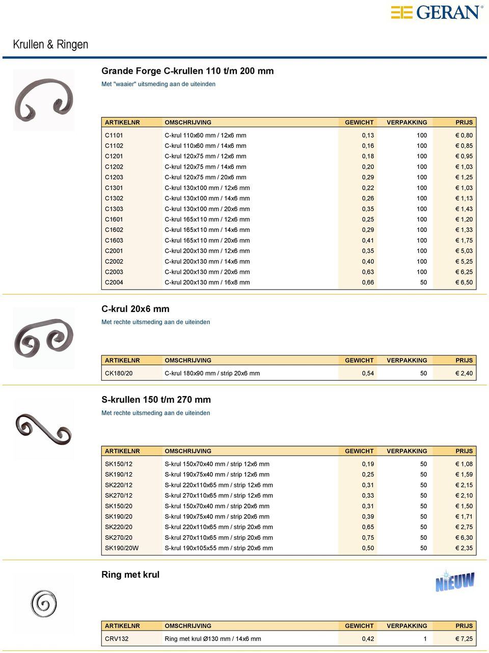 130x100 mm / 14x6 mm 0,26 100 1,13 C1303 C-krul 130x100 mm / 20x6 mm 0,35 100 1,43 C1601 C-krul 165x110 mm / 12x6 mm 0,25 100 1,20 C1602 C-krul 165x110 mm / 14x6 mm 0,29 100 1,33 C1603 C-krul 165x110