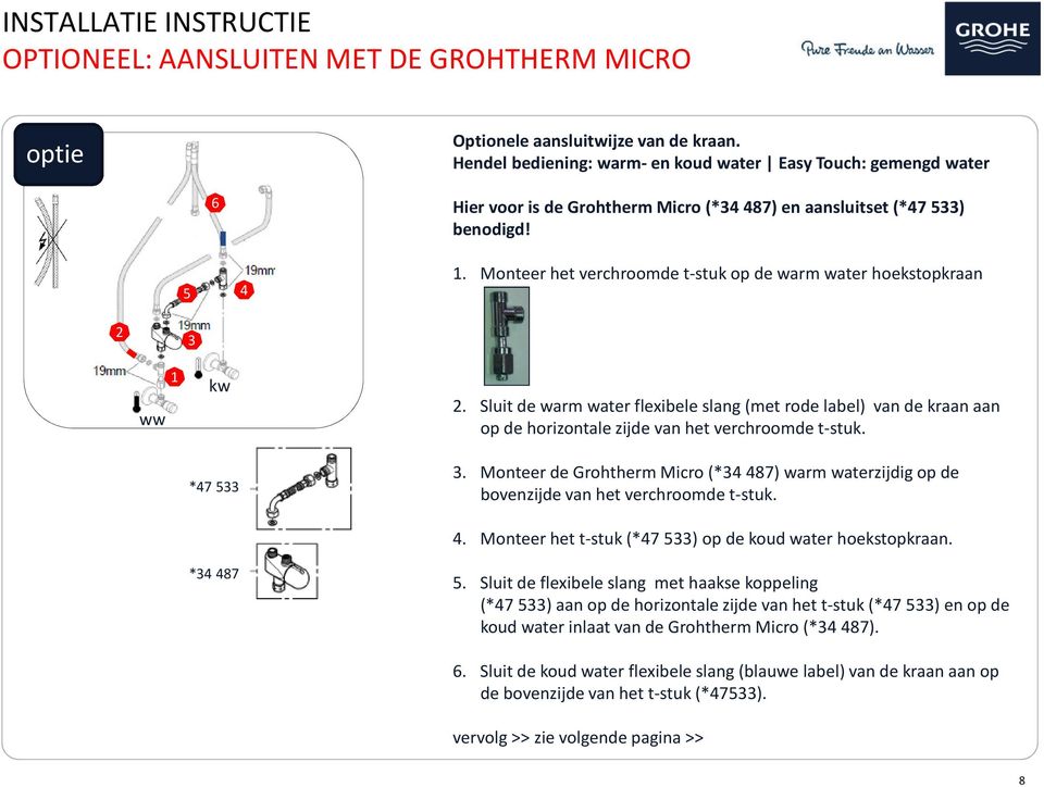 Monteer het verchroomde t-stuk op de warm water hoekstopkraan ww kw *47 5 *4 487.