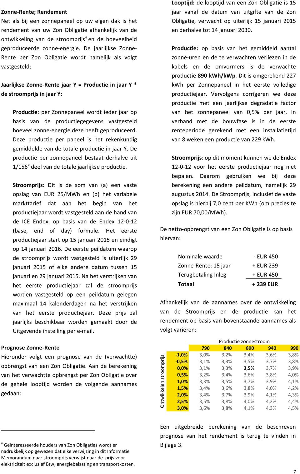 De jaarlijkse Zonne- Rente per Zon Obligatie wordt namelijk als volgt vastgesteld: Jaarlijkse Zonne- Rente jaar Y = Productie in jaar Y * de stroomprijs in jaar Y: Productie: per Zonnepaneel wordt