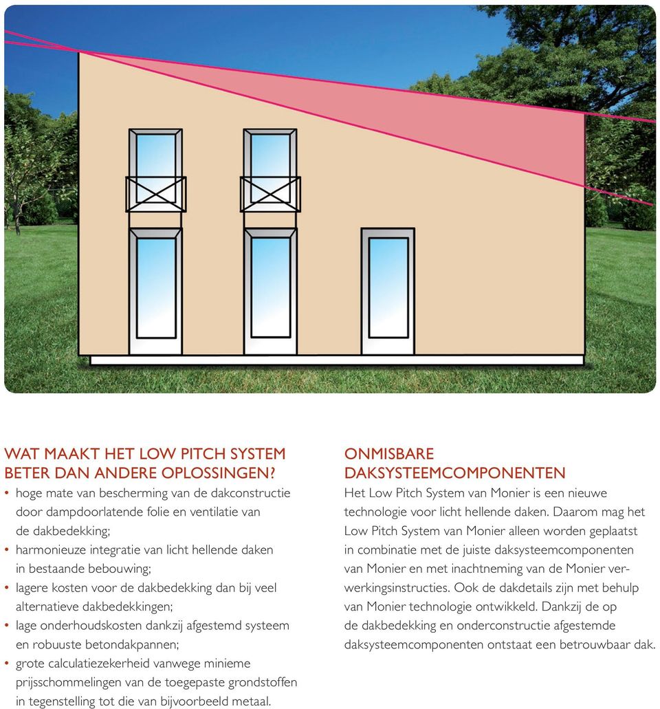 voor de dakbedekking dan bij veel alternatieve dakbedekkingen; lage onderhoudskosten dankzij afgestemd systeem en robuuste betondakpannen; grote calculatiezekerheid vanwege minieme prijsschommelingen