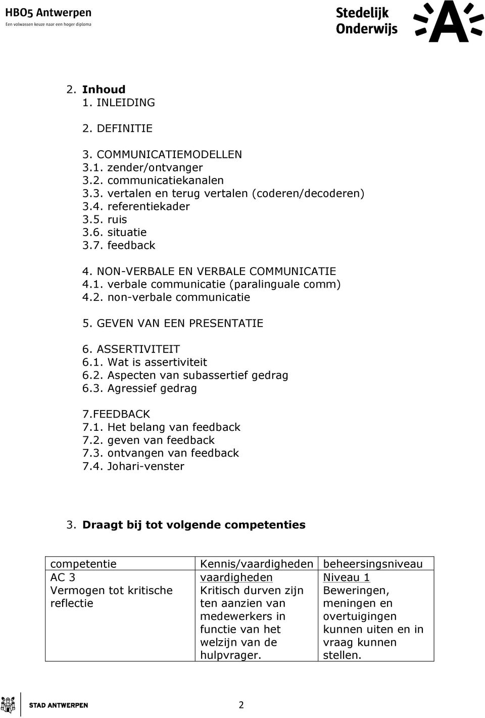 2. Aspecten van subassertief gedrag 6.3. Agressief gedrag 7.FEEDBACK 7.1. Het belang van feedback 7.2. geven van feedback 7.3. ontvangen van feedback 7.4. Johari-venster 3.