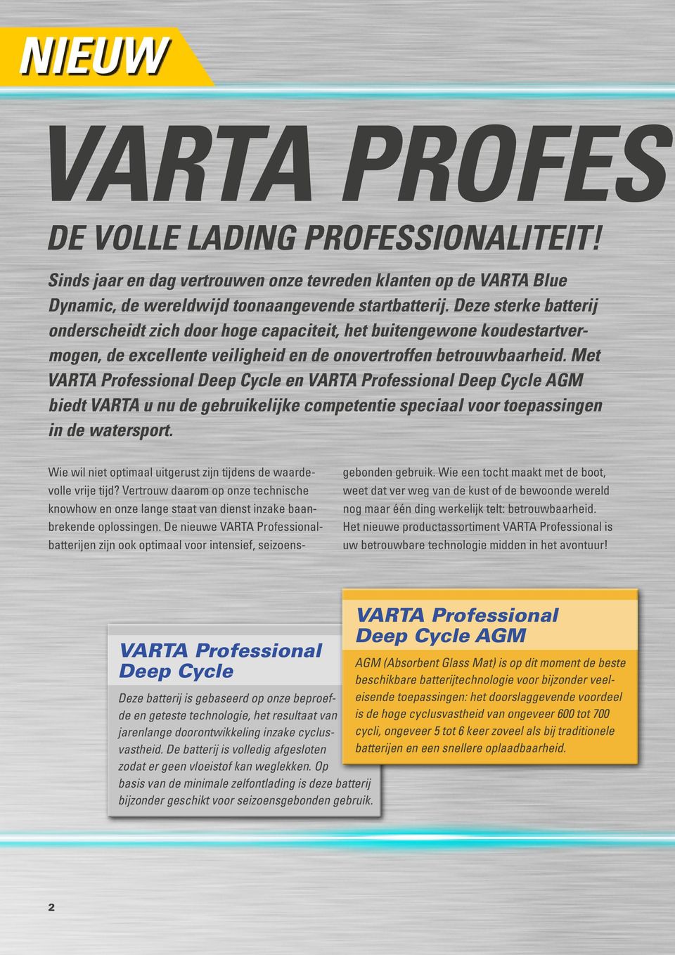 Met VARTA Professional Deep Cycle en VARTA Professional Deep Cycle AGM biedt VARTA u nu de gebruikelijke competentie speciaal voor toepassingen in de watersport.