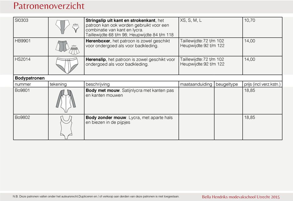 XS, Taillewijdte:72 t/m 102 Heupwijdte:92 t/m 122 HS2014 Herenslip, het patroon is zowel geschikt voor ondergoed als voor badkleding.