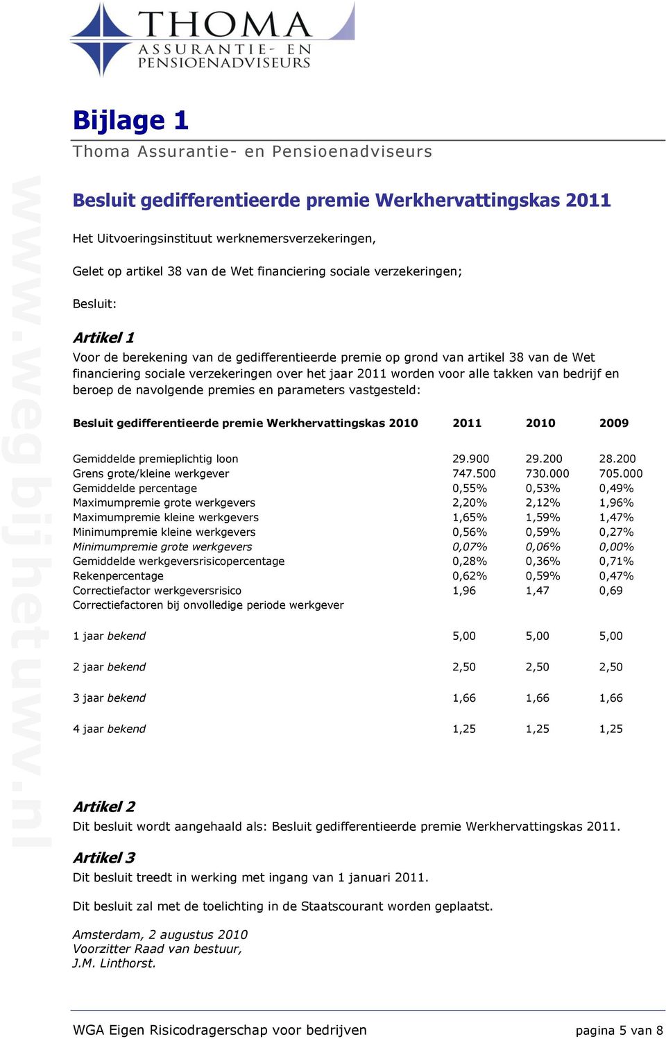 takken van bedrijf en beroep de navolgende premies en parameters vastgesteld: Besluit gedifferentieerde premie Werkhervattingskas 2010 2011 2010 2009 Gemiddelde premieplichtig loon 29.900 29.200 28.