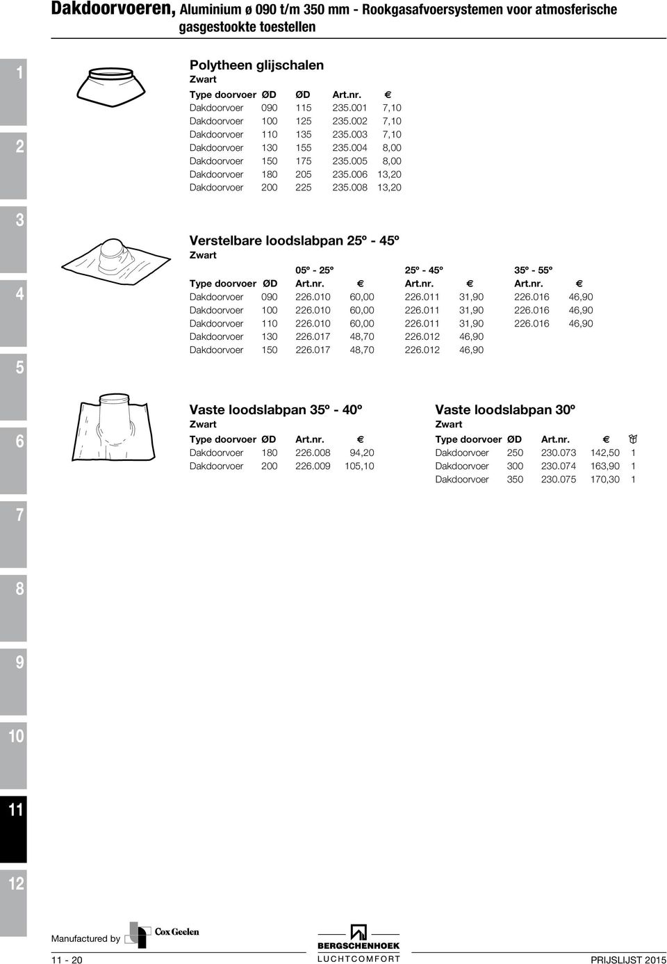 00,0 Verstelbare loodslabpan º - º Zwart 0º - º º - º º - º Type doorvoer Art.nr. Art.nr. Dakdoorvoer 00.0 0,00.0,0.0,0 Dakdoorvoer 0.0 0,00.0,0.0,0 Dakdoorvoer.0 0,00.0,0.0,0 Dakdoorvoer 0.0,0.0,0 Dakdoorvoer.0,0.0,0 Vaste loodslabpan º - 0º Zwart Type doorvoer Dakdoorvoer.