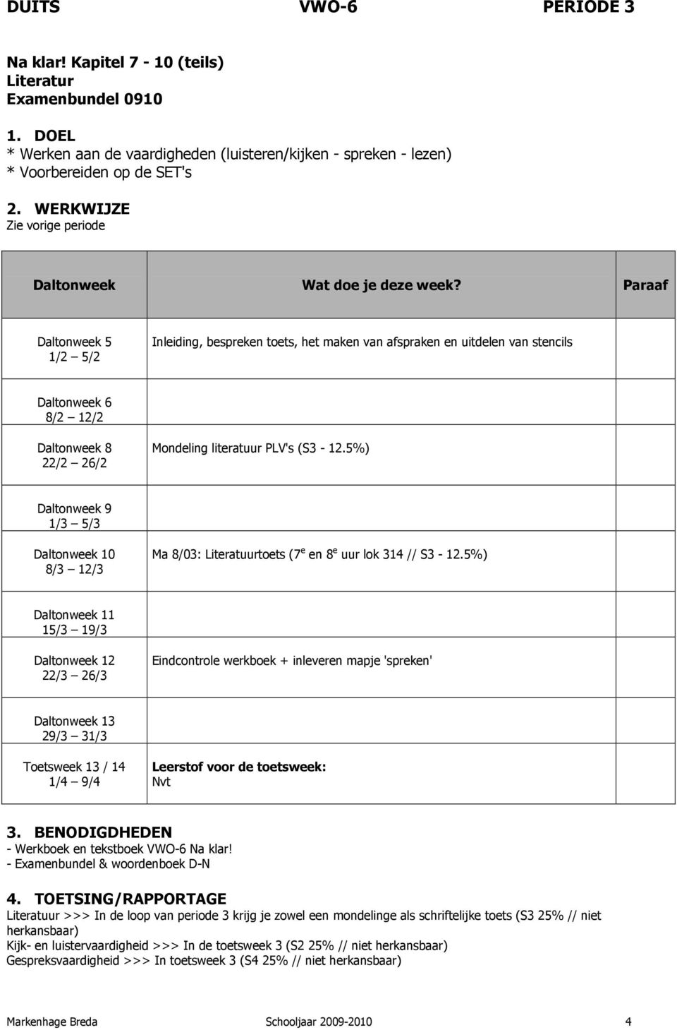 van afspraken en uitdelen van stencils Mondeling literatuur PLV's (S3-12.5%) Ma 8/03: Literatuurtoets (7 e en 8 e uur lok 314 // S3-12.