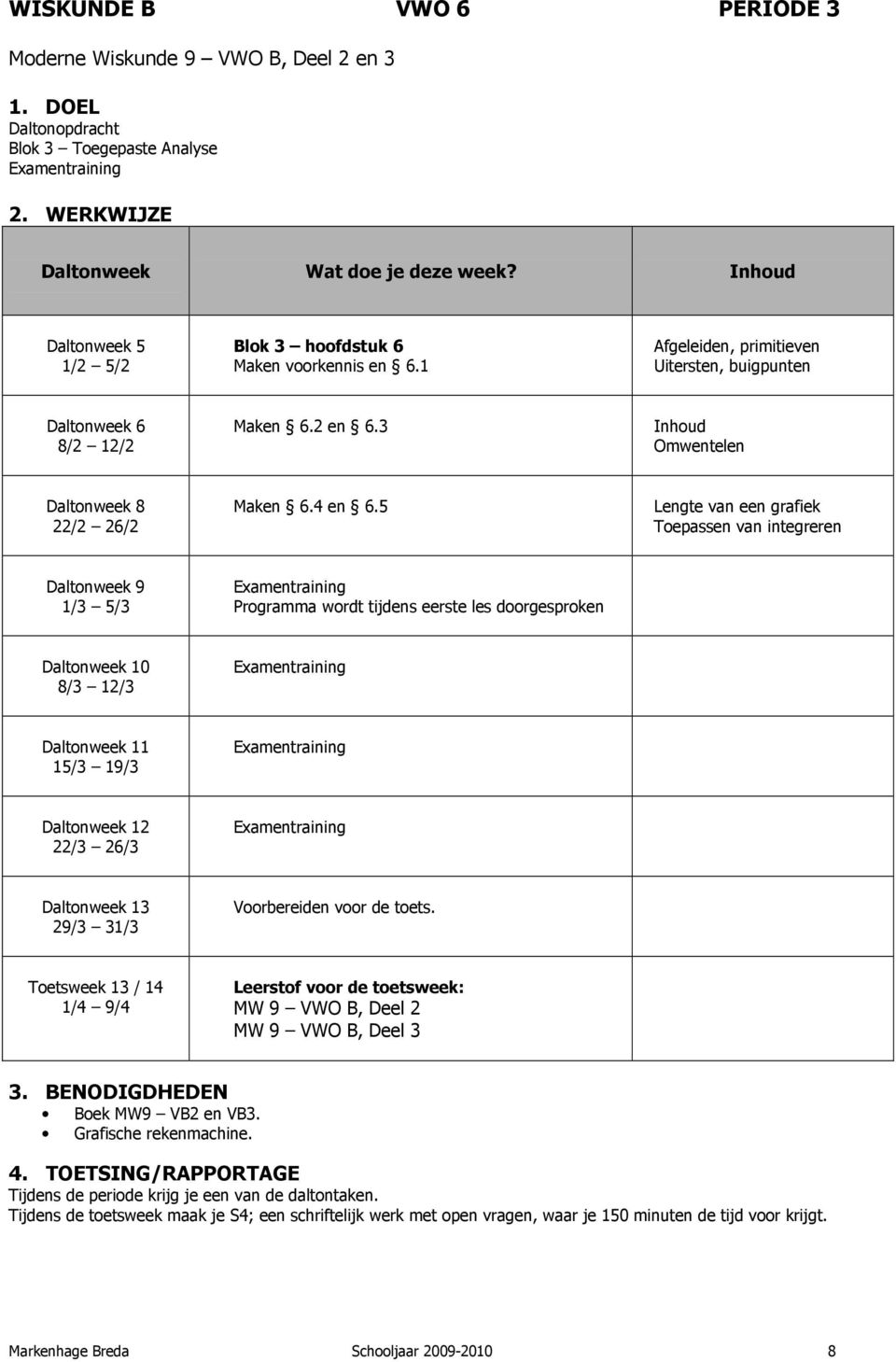 5 Lengte van een grafiek Toepassen van integreren Programma wordt tijdens eerste les doorgesproken Voorbereiden voor de toets.