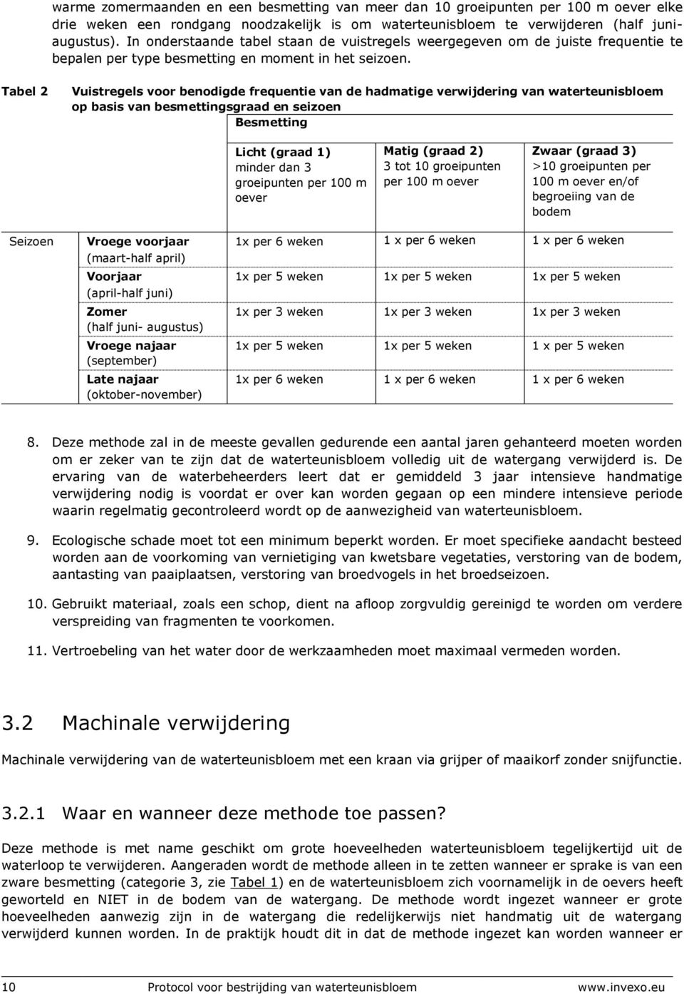 Tabel 2 Vuistregels voor benodigde frequentie van de hadmatige verwijdering van waterteunisbloem op basis van besmettingsgraad en seizoen Besmetting Licht (graad 1) minder dan 3 groeipunten per 100 m