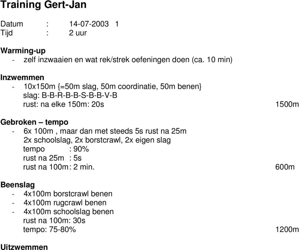 2x schoolslag, 2x borstcrawl, 2x eigen slag tempo : 90% rust na 25m : 5s rust na 100m : 2 min.