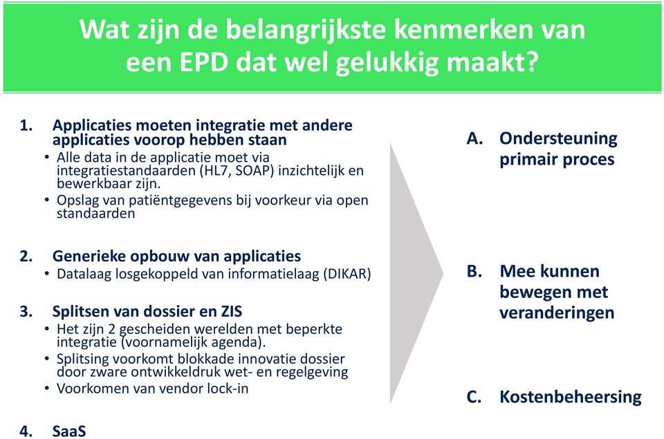 Opslag van patiëntgegevens bij voorkeur via open standaarden 2. Generieke opbouw van applicaties Datalaag losgekoppeld van informatielaag (DIKAR) 3.