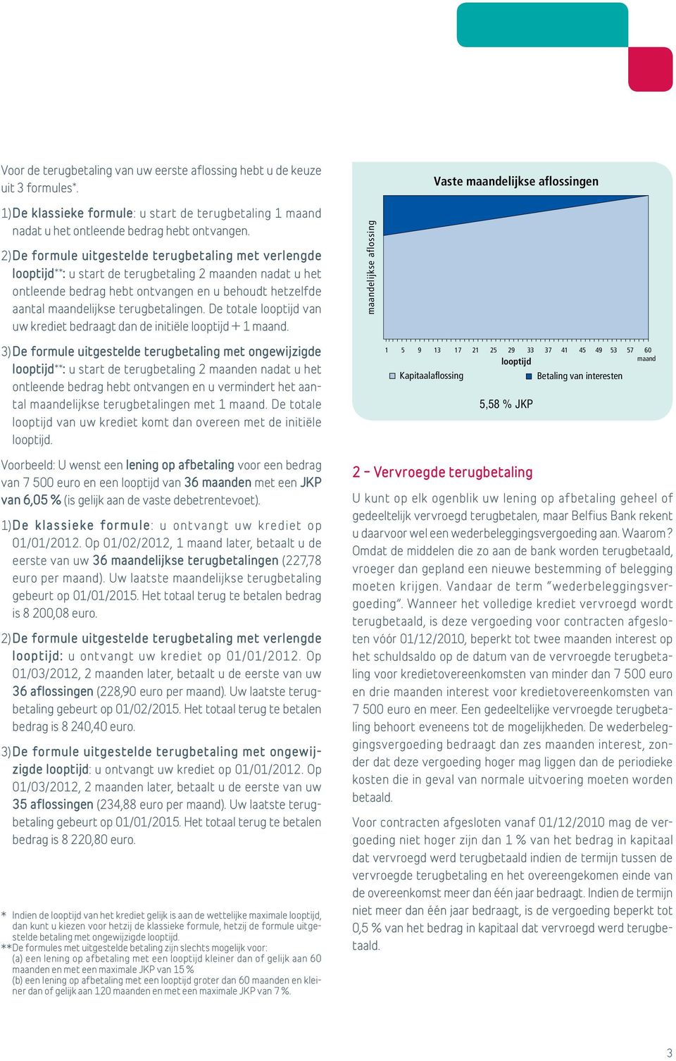 2) De formule uitgestelde terugbetaling met verlengde looptijd ** : u start de terugbetaling 2 maanden nadat u het ontleende bedrag hebt ontvangen en u behoudt hetzelfde aantal maandelijkse
