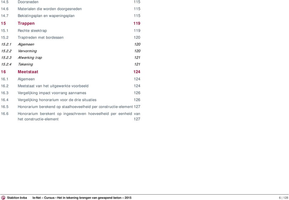 2 Meetstaat van het uitgewerkte voorbeeld 124 16.3 Vergelijking impact voorrang aannames 126 16.4 Vergelijking honorarium voor de drie situaties 126 16.