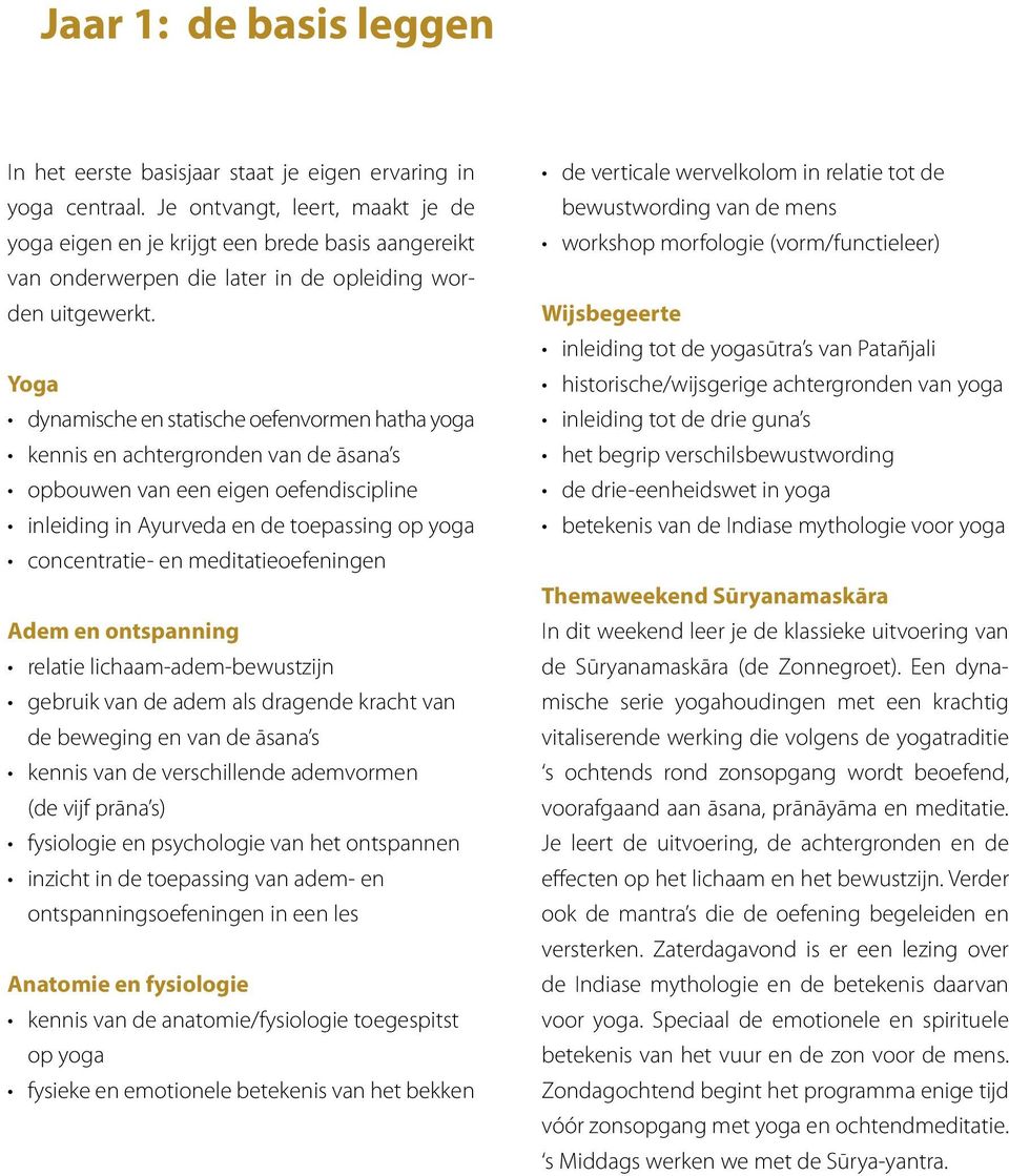 Yoga dynamische en statische oefenvormen hatha yoga kennis en achtergronden van de āsana s opbouwen van een eigen oefendiscipline inleiding in Ayurveda en de toepassing op yoga concentratie- en