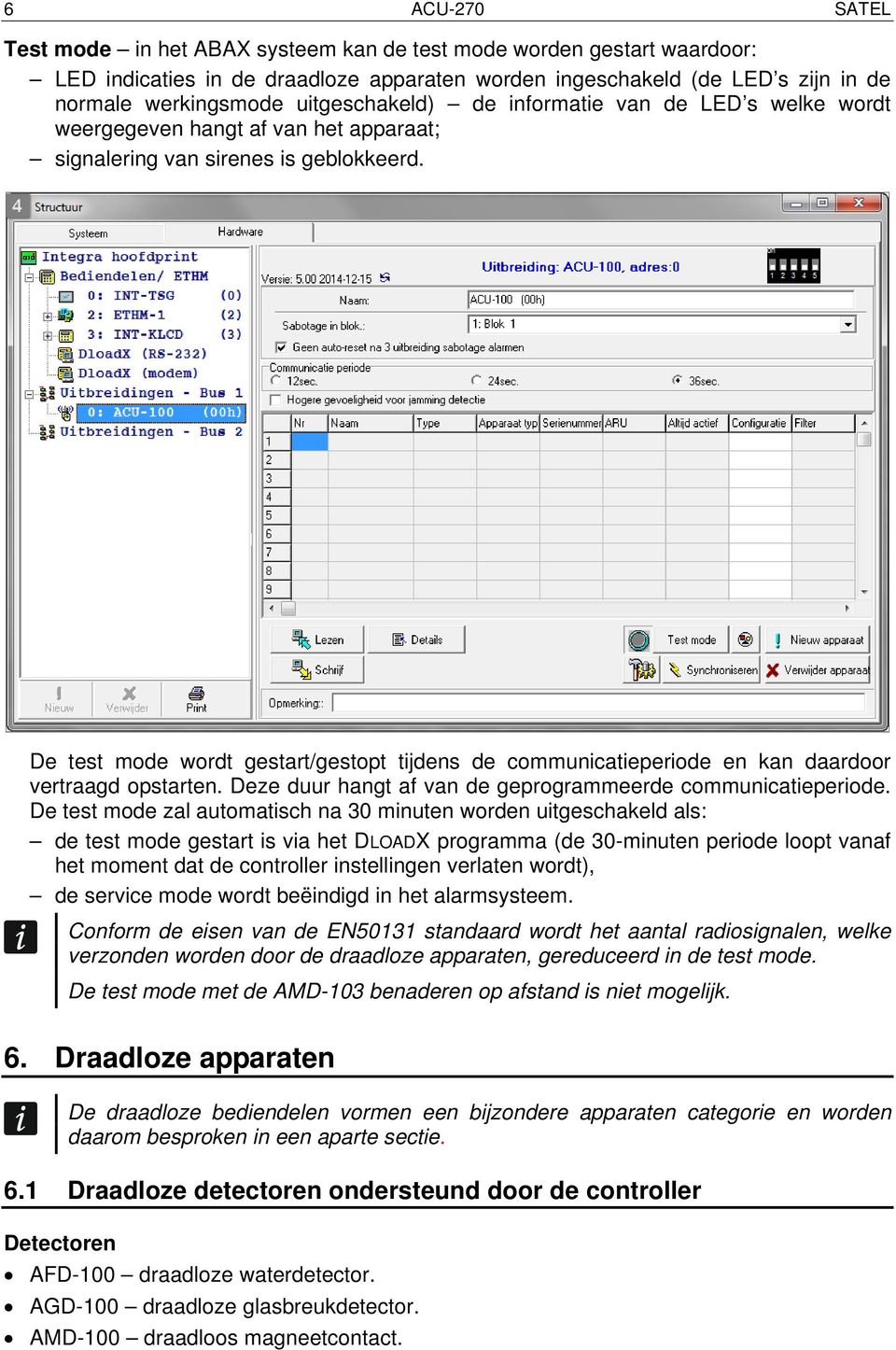 De test mode wordt gestart/gestopt tijdens de communicatieperiode en kan daardoor vertraagd opstarten. Deze duur hangt af van de geprogrammeerde communicatieperiode.