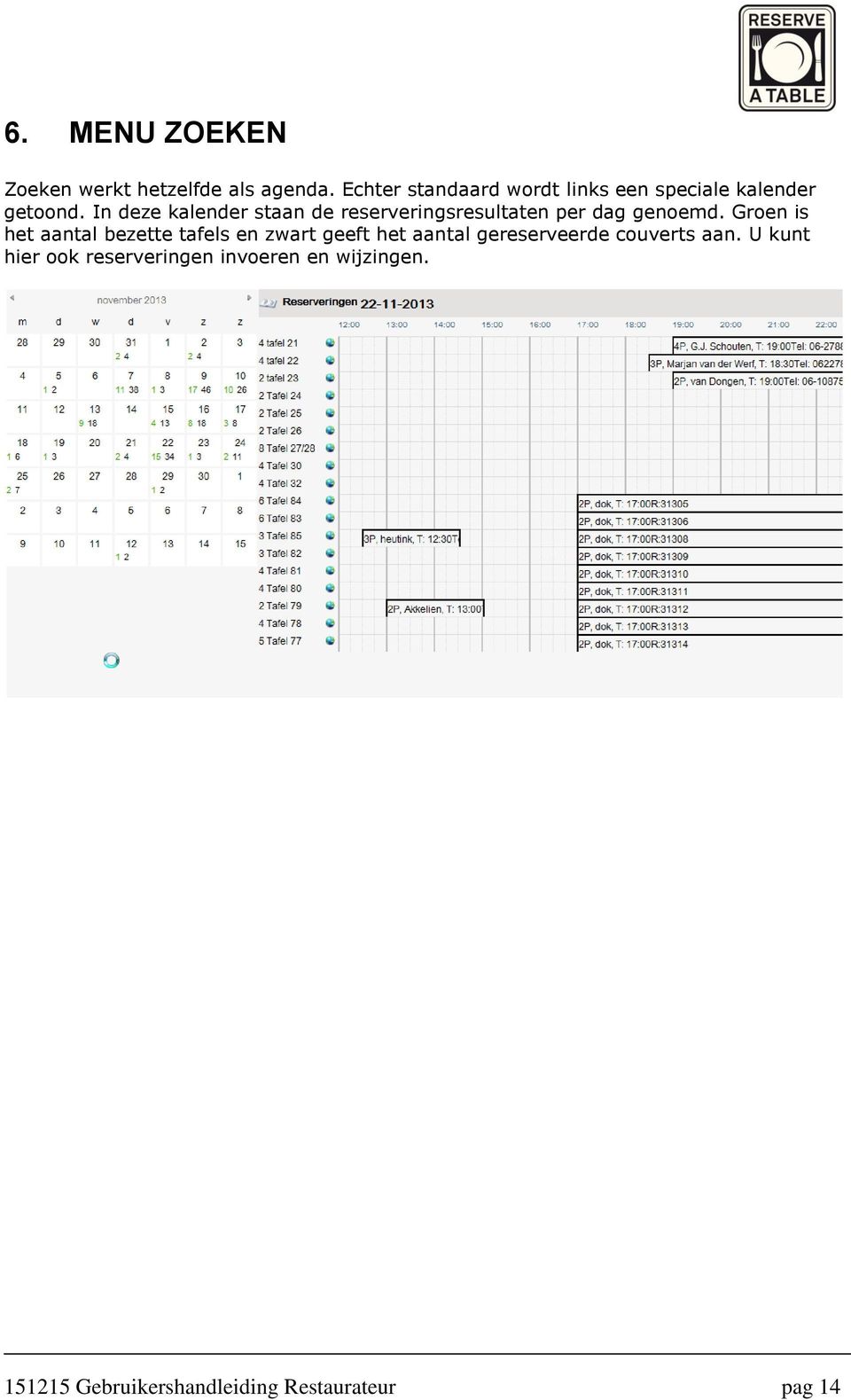 In deze kalender staan de reserveringsresultaten per dag genoemd.