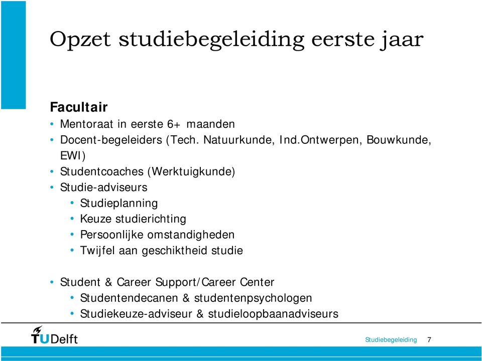 Ontwerpen, Bouwkunde, EWI) Studentcoaches (Werktuigkunde) Studie-adviseurs Studieplanning Keuze