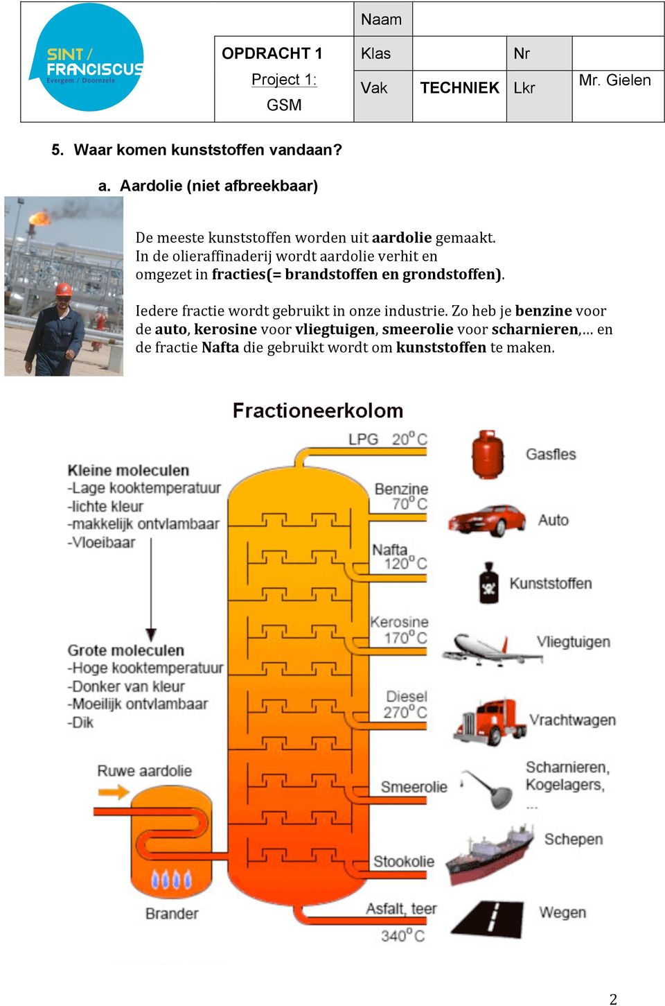 In de olieraffinaderij wordt aardolie verhit en omgezet in fracties(= brandstoffen en grondstoffen).