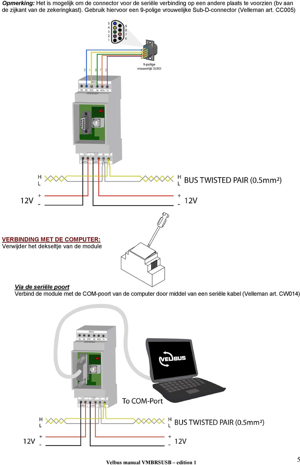 Gebruik hiervoor een 9-polige vrouwelijke Sub-D-connector (Velleman art.