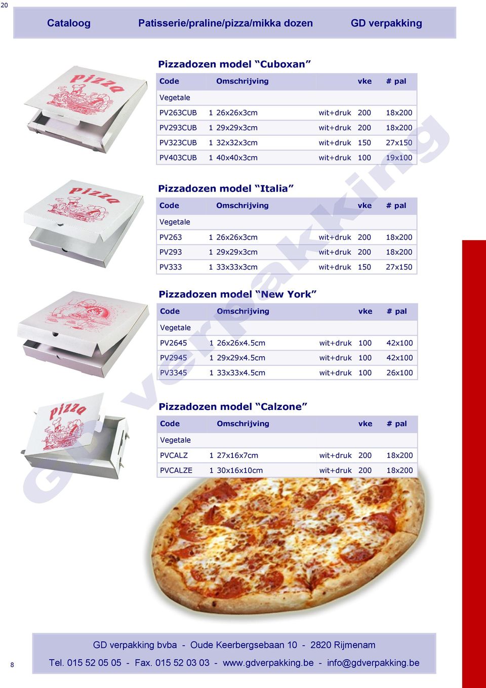 wit+druk 200 18x200 PV333 1 33x33x3cm wit+druk 150 27x150 Pizzadozen model New York Code Omchrijving vke # pal Vegetale PV2645 1 26x26x4.5cm wit+druk 42x PV2945 1 29x29x4.