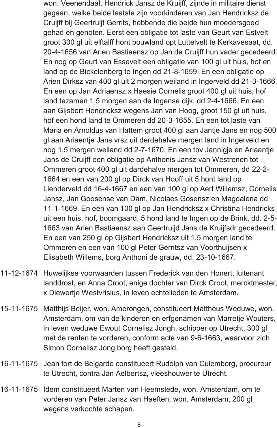 20-4-1656 van Arien Bastiaensz op Jan de Cruijff hun vader gecedeerd. En nog op Geurt van Essevelt een obligatie van 100 gl uit huis, hof en land op de Bickelenberg te Ingen dd 21-8-1659.