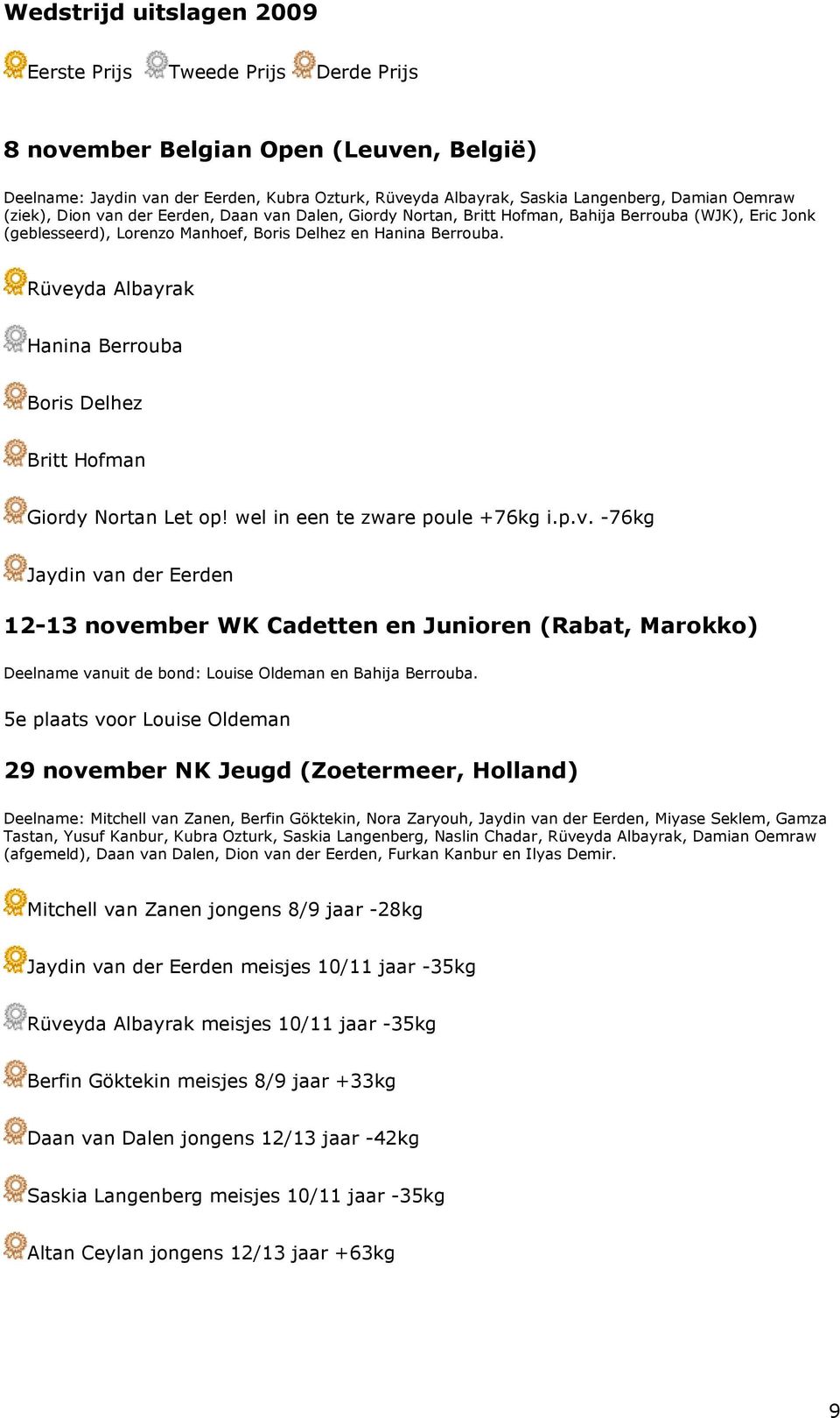 p.v. -76kg Jaydin van der Eerden 12-13 november WK Cadetten en Junioren (Rabat, Marokko) Deelname vanuit de bond: Louise Oldeman en Bahija Berrouba.