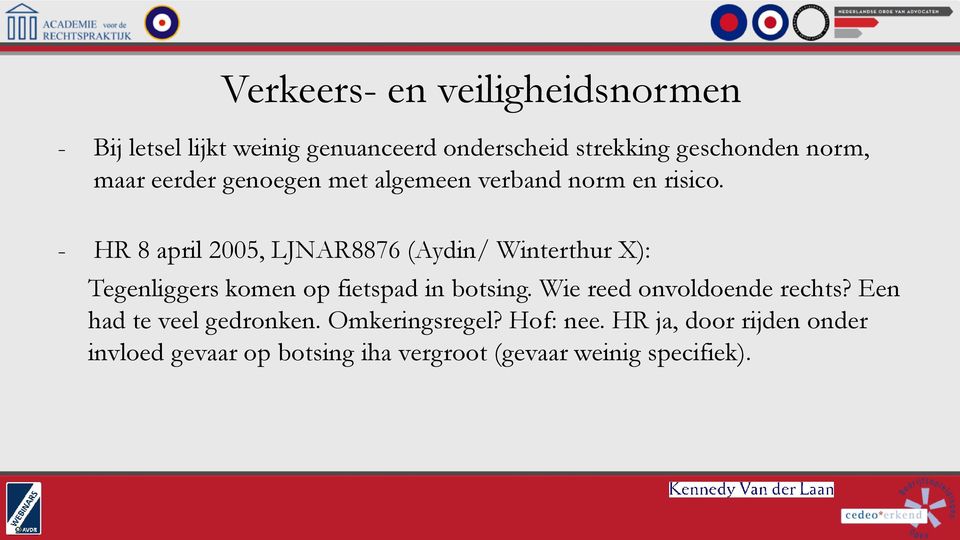 - HR 8 april 2005, LJNAR8876 (Aydin/ Winterthur X): Tegenliggers komen op fietspad in botsing.