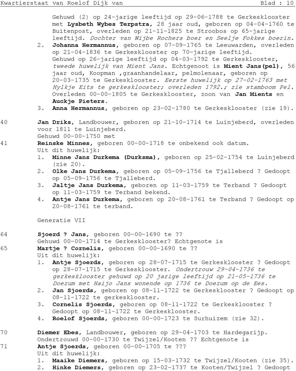 op 70-jarige leeftijd Gehuwd op 26-jarige leeftijd op 04-03-1792 te Gerkesklooster, tweede huwelijk van Mient Jans Echtgenoot is Mient Jans(pel), 56 jaar oud, Koopman,graanhandelaar, pelmolenaar,