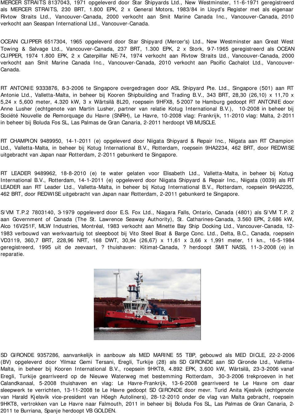 , Vancouver-Canada, 2010 verkocht aan Seaspan International Ltd., Vancouver-Canada. OCEAN CLIPPER 6517304, 1965 opgeleverd door Star Shipyard (Mercer's) Ltd.