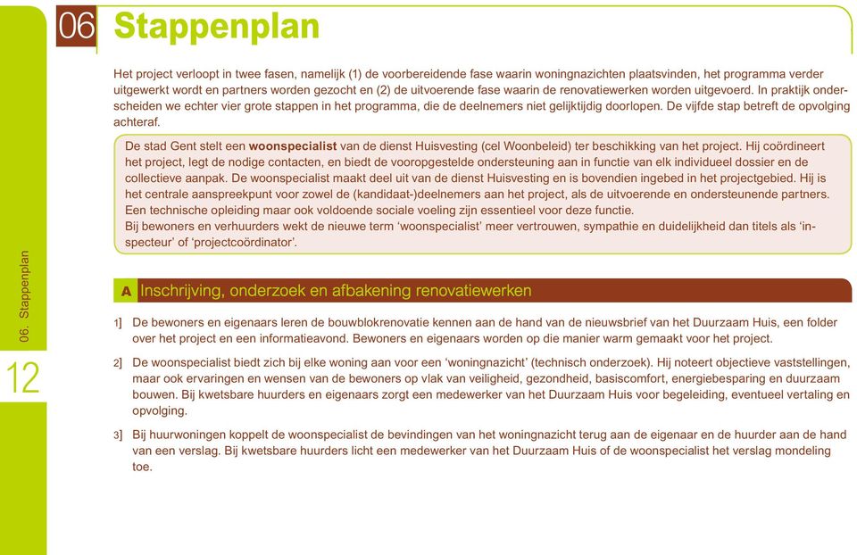 De vijfde stap betreft de opvolging achteraf. 06. Stappenplan 12 De stad Gent stelt een woonspecialist van de dienst Huisvesting (cel Woonbeleid) ter beschikking van het project.