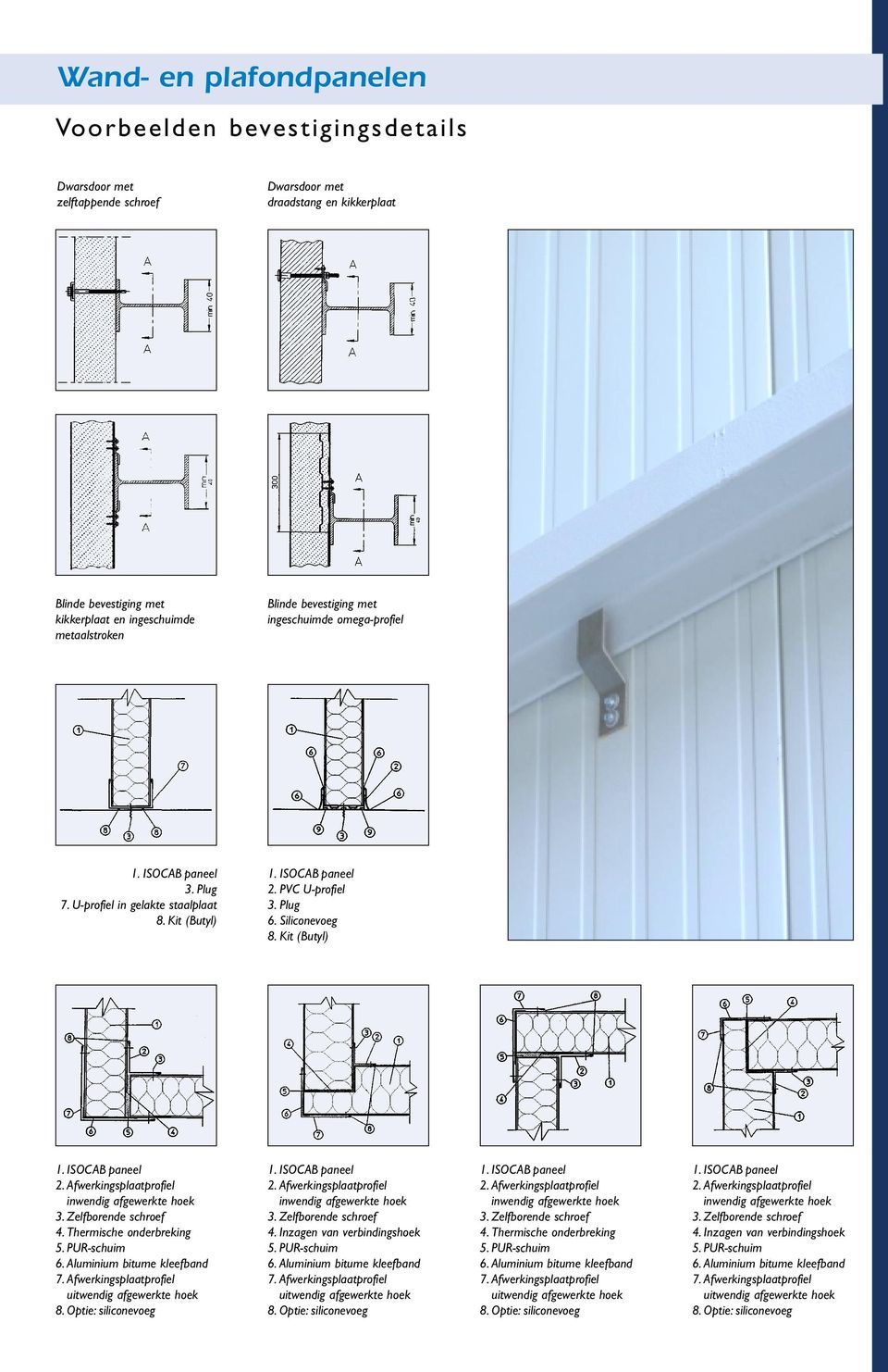 Zelfborende schroef 4. Thermische onderbreking 5. PUR-schuim 6. Aluminium bitume kleefband 7. Afwerkingsplaatprofiel uitwendig afgewerkte hoek 8. Optie: siliconevoeg 1. ISOCAB paneel 2.