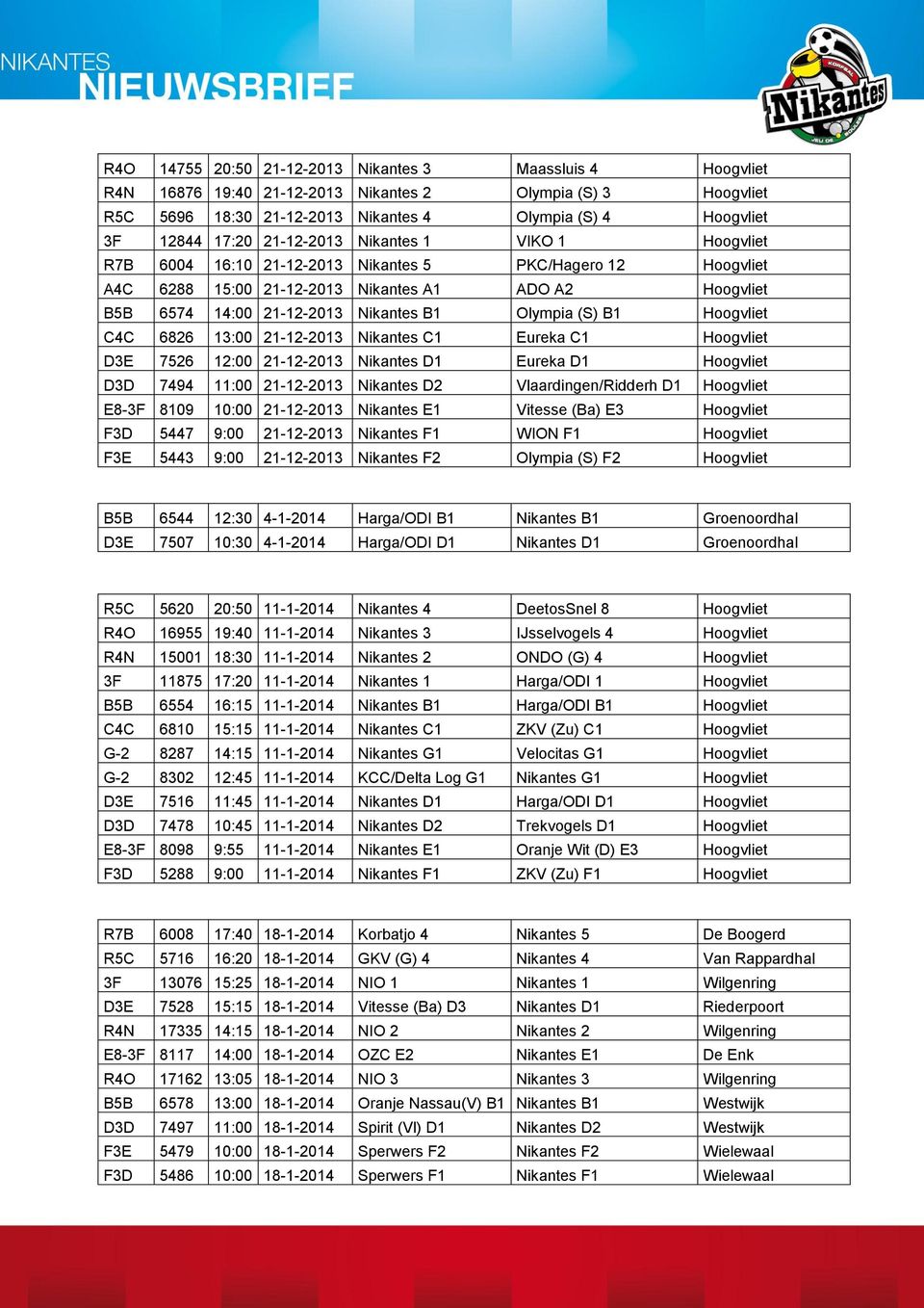 Olympia (S) B1 Hoogvliet C4C 6826 13:00 21-12-2013 Nikantes C1 Eureka C1 Hoogvliet D3E 7526 12:00 21-12-2013 Nikantes D1 Eureka D1 Hoogvliet D3D 7494 11:00 21-12-2013 Nikantes D2 Vlaardingen/Ridderh